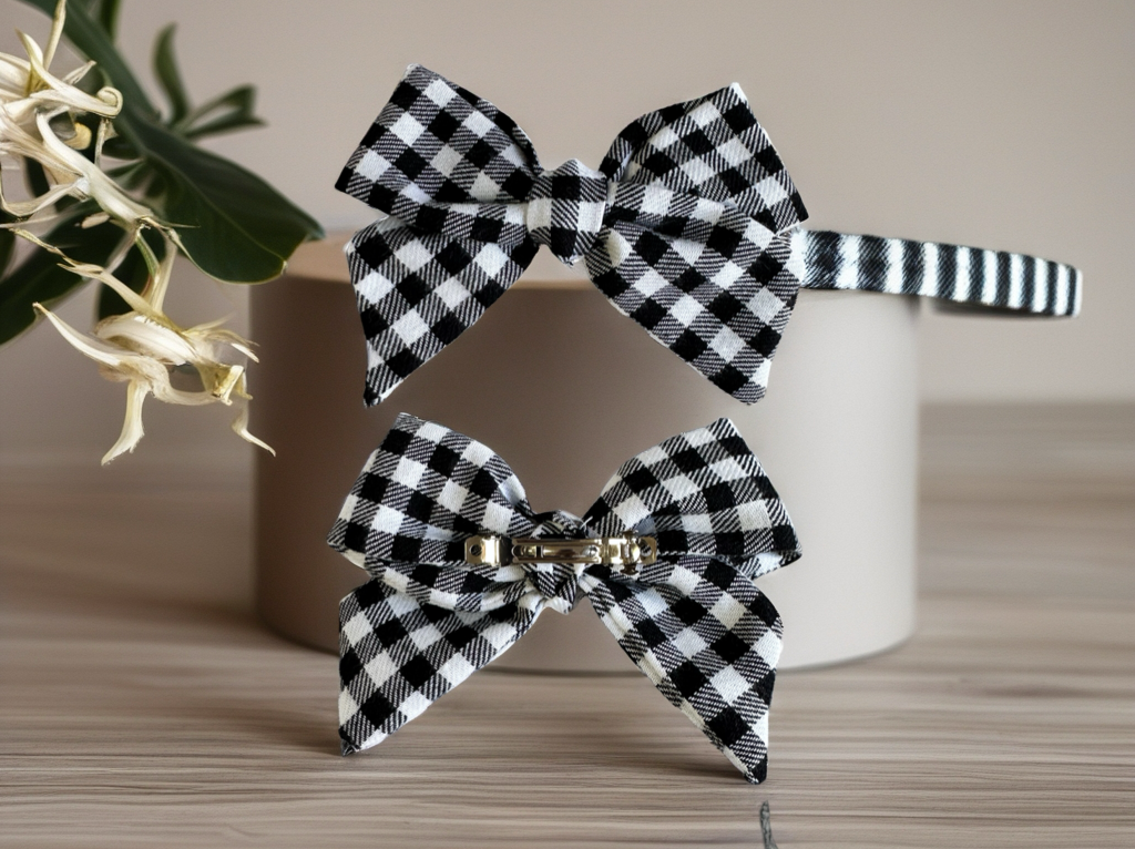 Hair Clip Ribbon Black & White Check