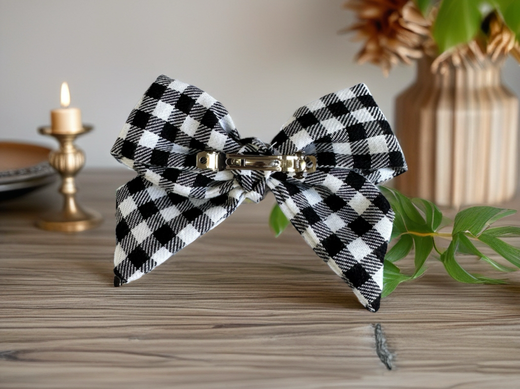 Hair Clip Ribbon Black & White Check