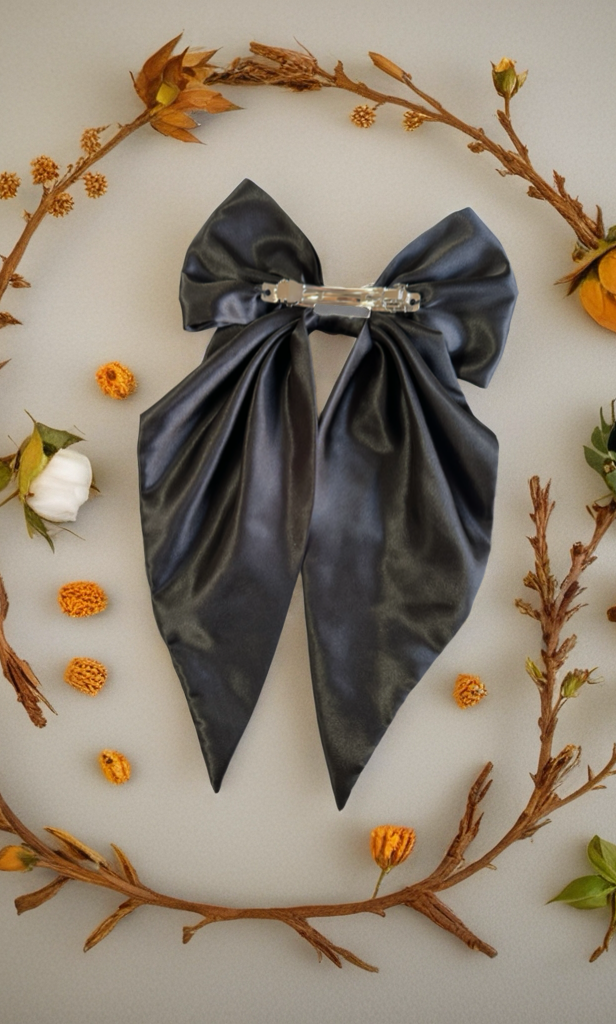 Hair Clip Ribbon Black Satin Silk